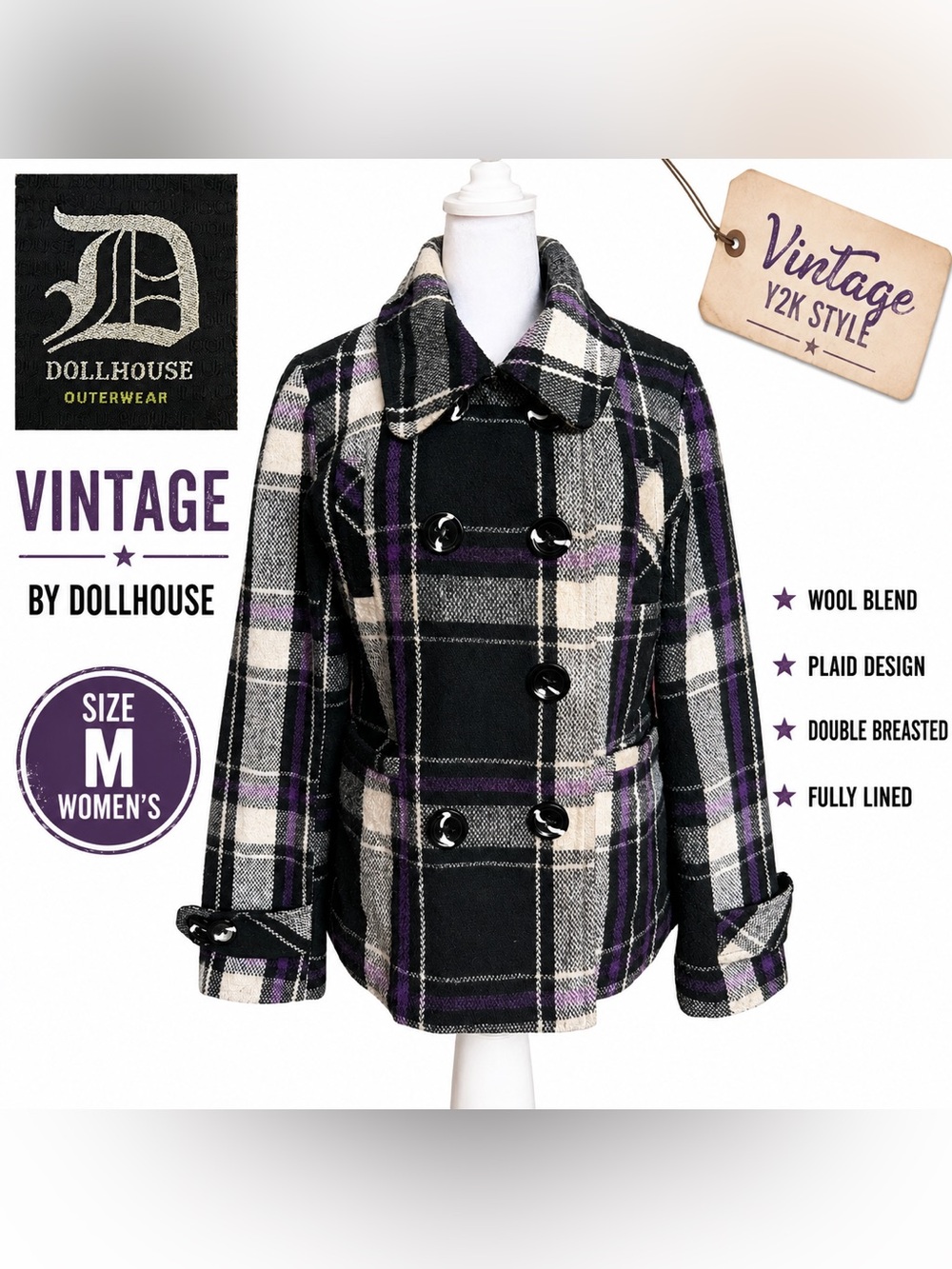 Dollhouse Black, White & Purple Plaid Wool-Blend Pea Coat